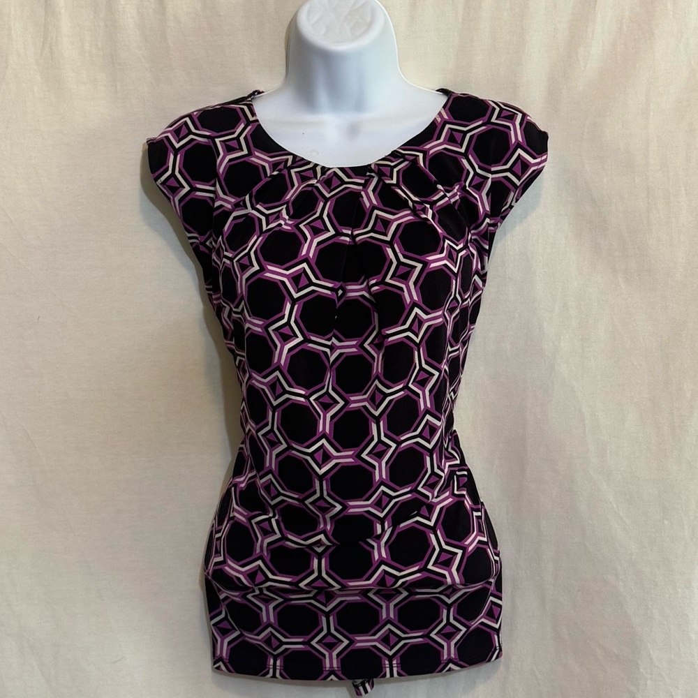 F-165 Liz Claiborne Black Purple & White Sleeveless Pullover Blouse Size M